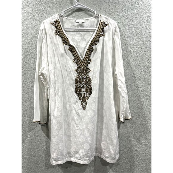 Charter Club Tunic Top Womens 2X White Embroidered Beaded Floral Burnout Boho - Picture 1 of 8